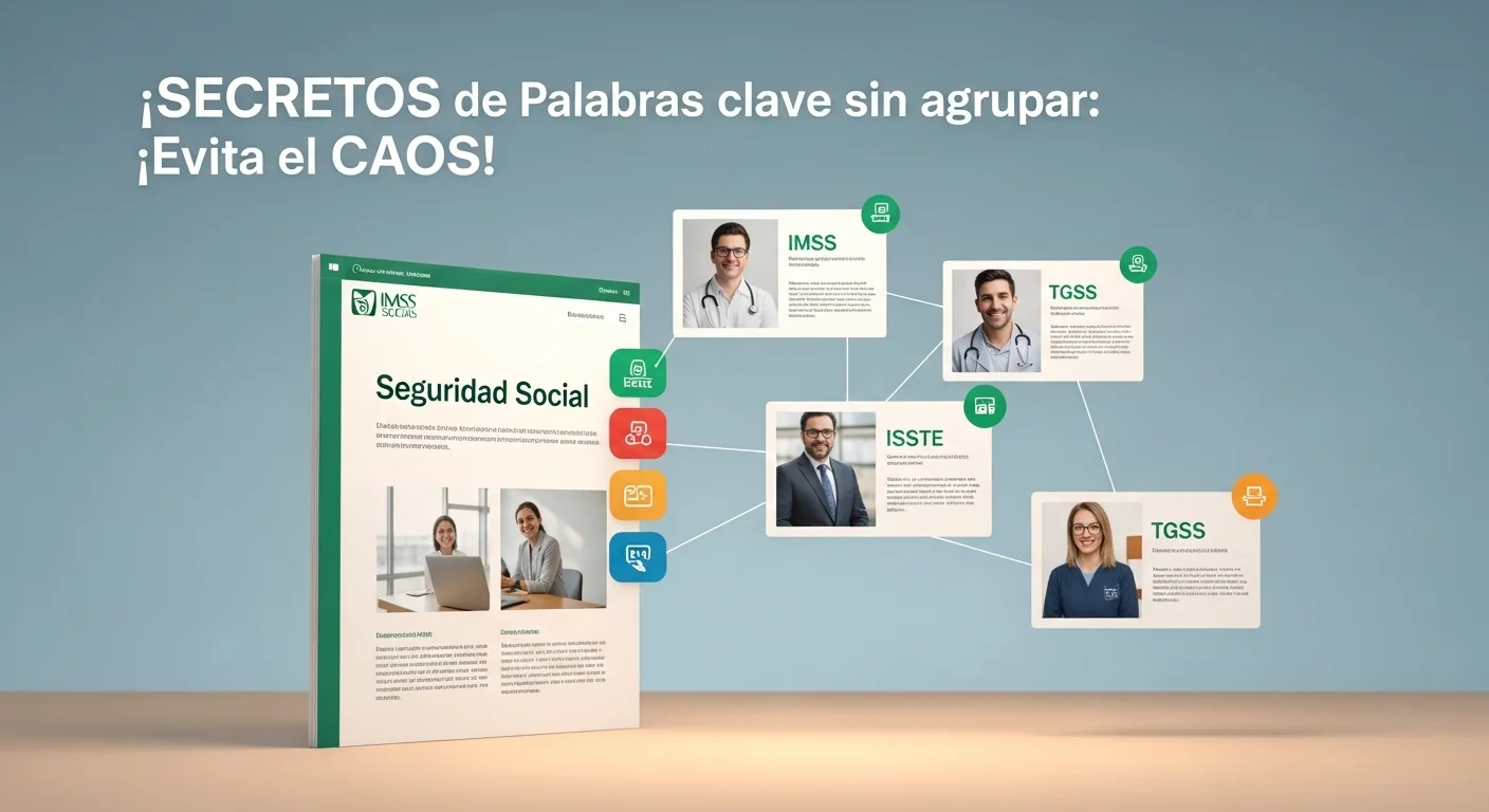 Una ilustración del modelo de página pilar y clústeres de temas, con una página central sobre 'Seguridad Social' enlazando a artículos sobre IMSS, ISSSTE y TGSS.