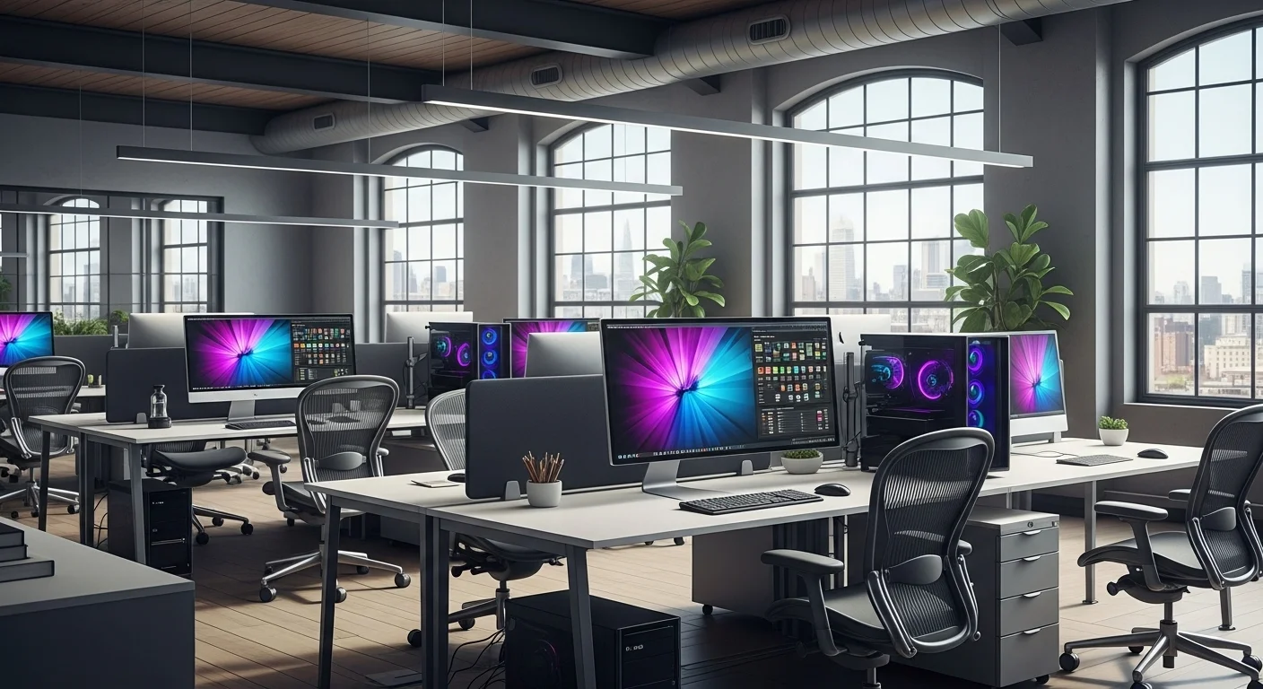Oficina moderna y elegante con computadoras de alto rendimiento, ilustrando la inversión tecnológica.