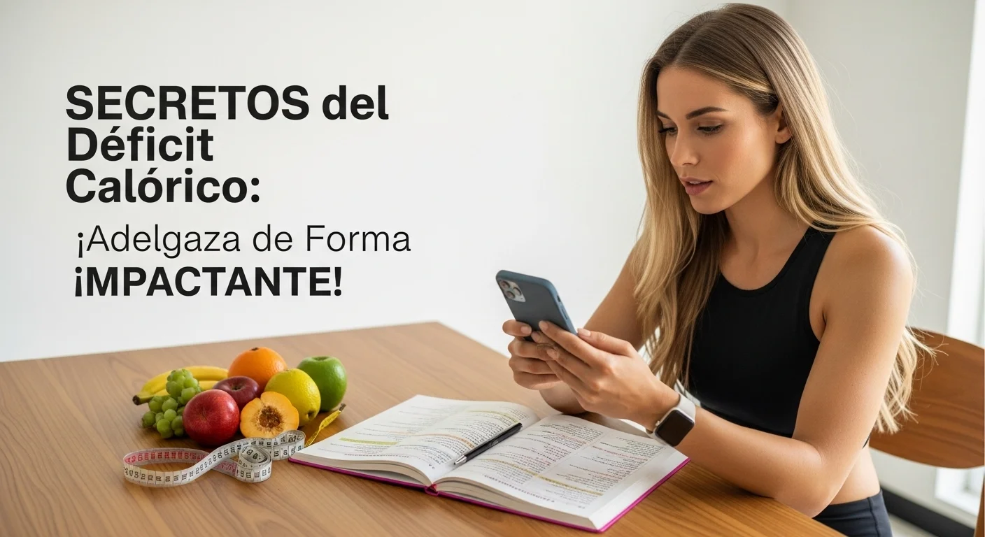 Mujer usando una aplicación en su móvil y una libreta para aprender cómo déficit calórico calcular, con frutas y una cinta métrica sobre la mesa.
