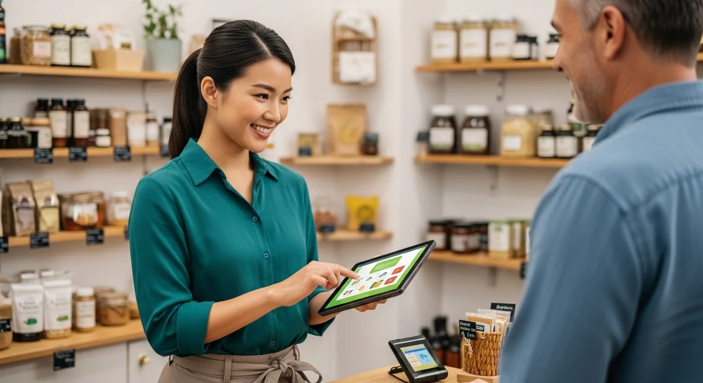 Mujer emprendedora sonriendo mientras utiliza un software tpv gratis en una tablet Android para cobrar a un cliente en su pequeña tienda de productos ecológicos.