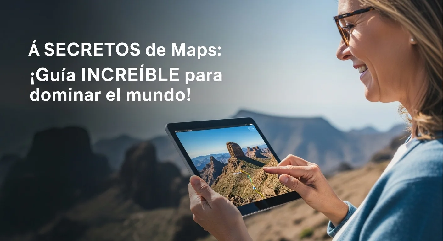 Una mujer utilizando una tablet para explorar maps online, con una vista espectacular del Roque Nublo en Gran Canaria al fondo, simbolizando la planificación de viajes.