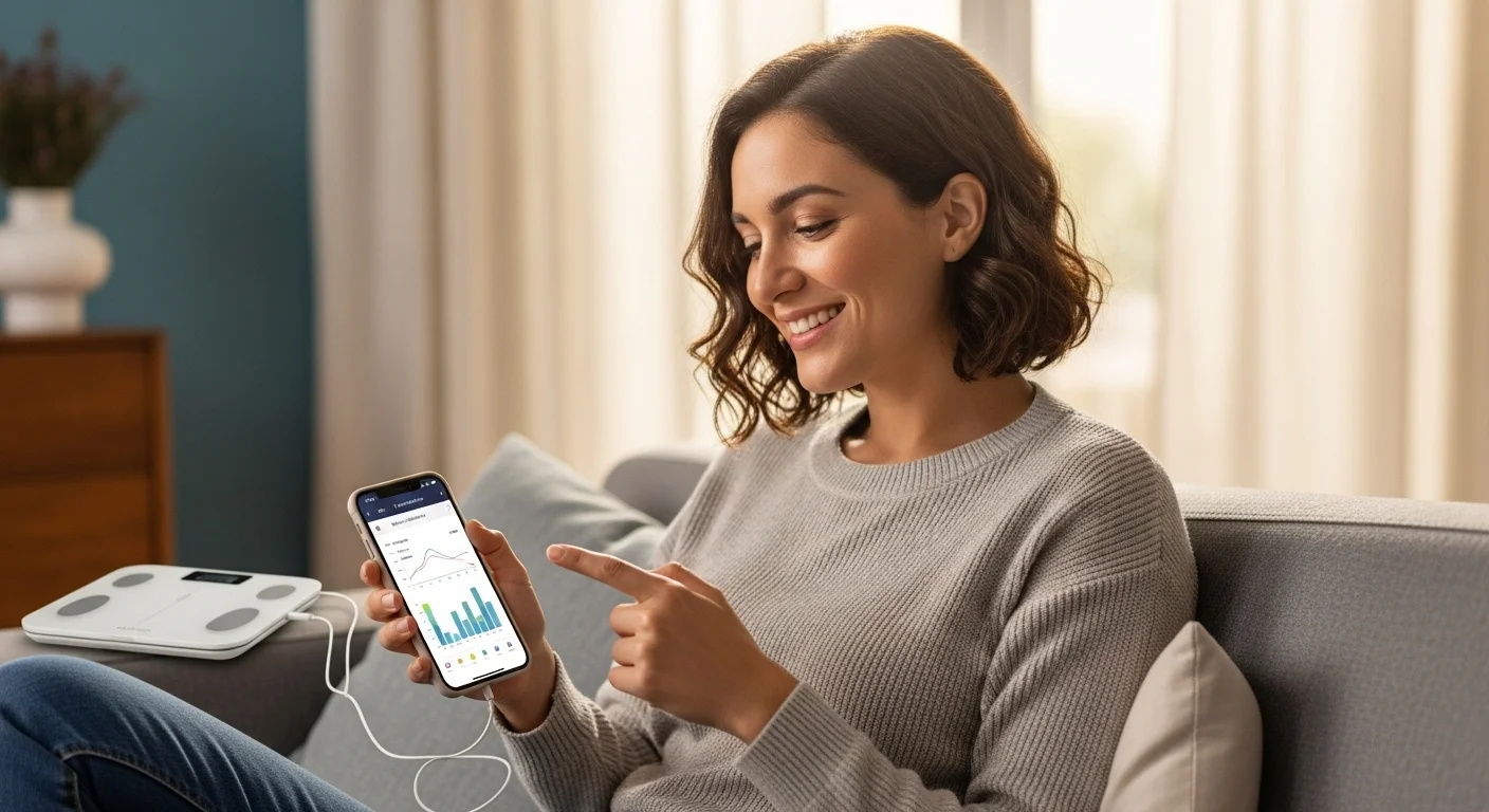 Mujer sonriente sentada en un sofá mientras revisa los gráficos de evolución de su composición corporal en la app de su smartphone, conectada a su bascula de bioimpedancia.