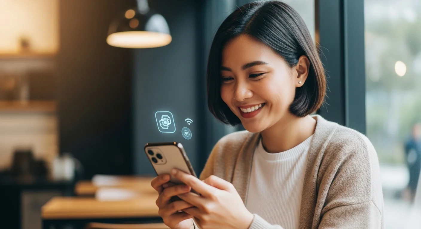Una mujer sonríe mientras usa su smartphone, ilustrando los ejemplos cotidianos de inteligencia artificial a través de asistentes de voz y aplicaciones.