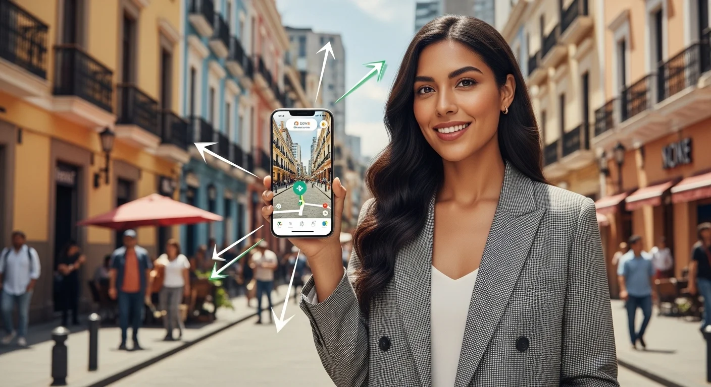 Una mujer sosteniendo su smartphone y usando Google Maps en vivo, con flechas de realidad aumentada guiándola por una calle de la ciudad.