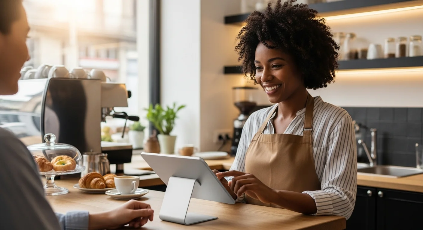 Dueño de una pequeña cafetería utilizando un sistema POS gratis en una tablet para procesar un pago de un cliente.
