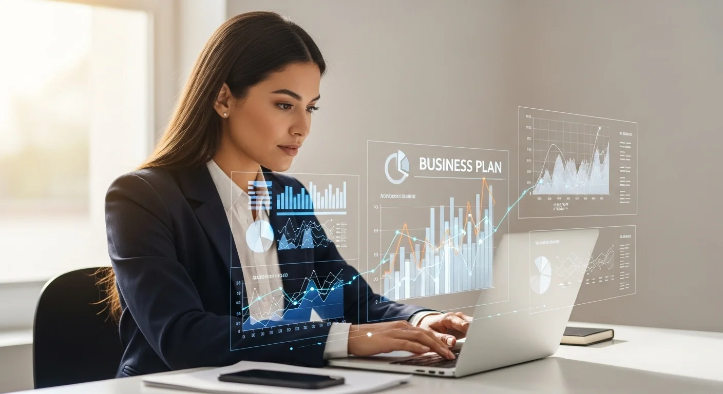 Persona de negocios trabajando en una laptop moderna, con gráficos de planificación y análisis superpuestos, representando un plan de negocios para una empresa de computadoras.