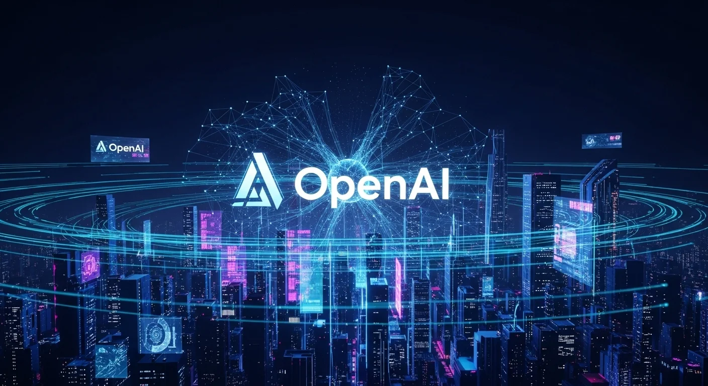 Una imagen conceptual que representa el logotipo de OpenAI en un entorno futurista con redes neuronales brillantes y flujos de datos, simbolizando la inteligencia artificial openai.