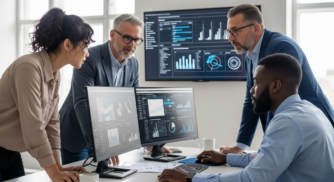 Equipo de profesionales utilizando computadoras y pantallas en una sala de reuniones para optimizar el plan de operaciones del negocio.