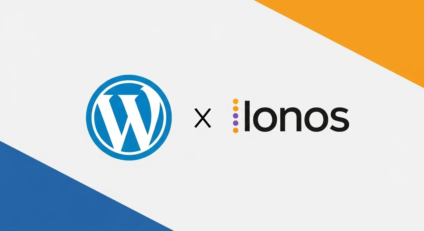 Logotipo de WordPress junto al de Ionos simbolizando el servicio de hosting optimizado Ionos WordPress.