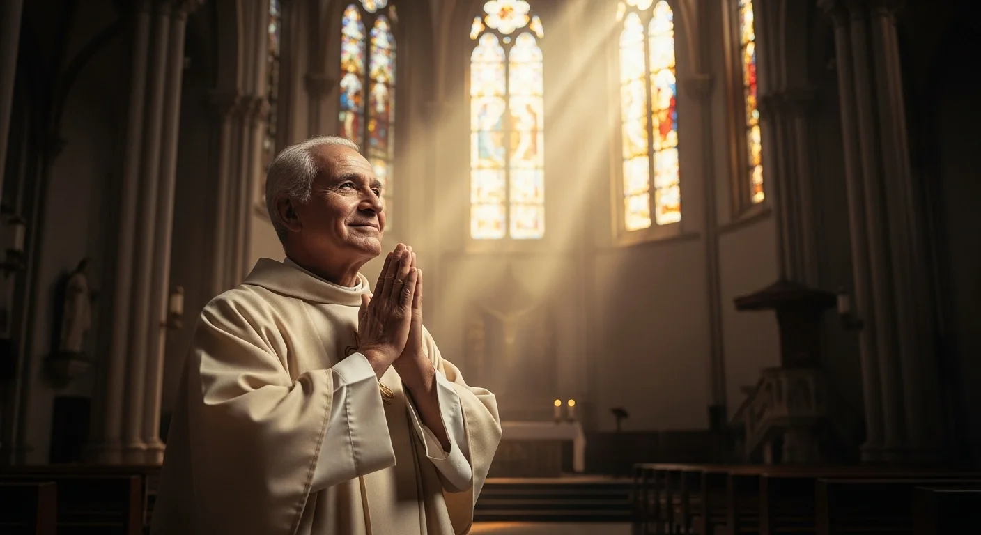 Una persona con las manos juntas en oración, con una luz suave que ilumina su rostro, representando el evangelio 13 2025 Marz y la confianza en Dios.