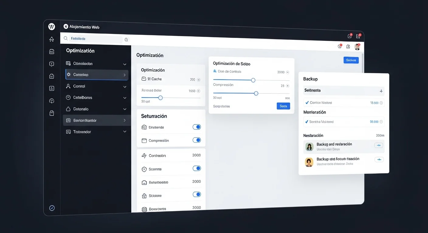 Interfaz de un panel de control para un alojamiento WordPress, mostrando opciones de optimización de velocidad, seguridad y gestión de copias de seguridad.