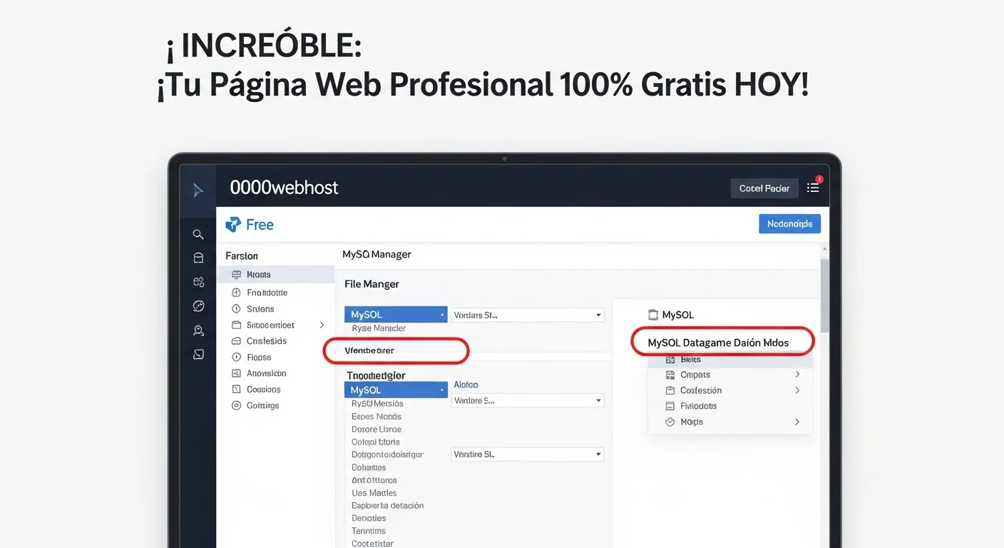 Captura de pantalla de un panel de control de hosting como 000webhost gratis, mostrando las herramientas de gestión de archivos y bases de datos MySQL.