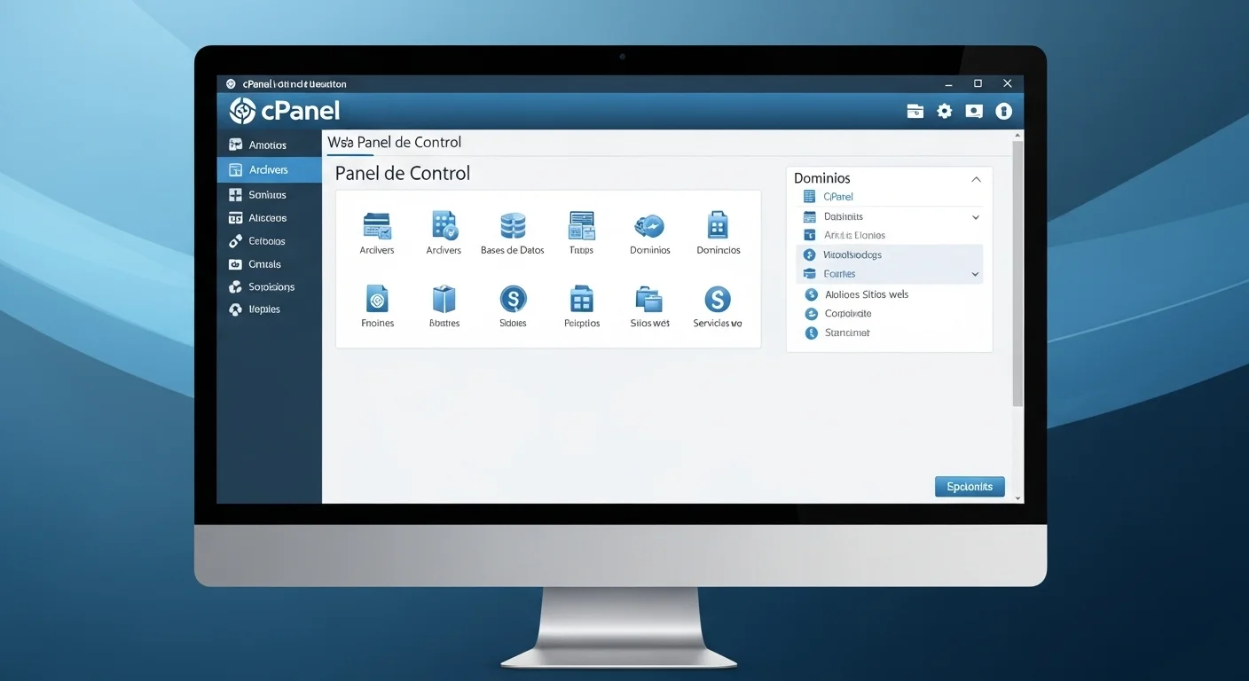 Captura de pantalla de un panel de control de hosting, como cPanel, mostrando íconos para gestionar archivos, bases de datos y dominios.