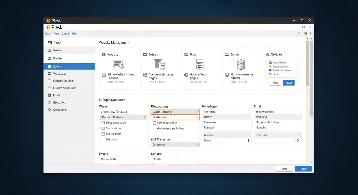 Interfaz del panel de control Plesk para un servicio de hosting windows, mostrando opciones de gestión de sitios web, bases de datos y correo.