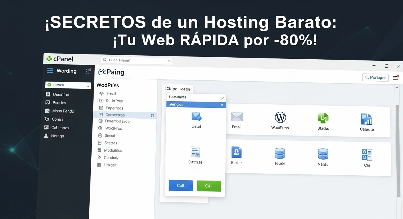 Interfaz de un panel de control cPanel para gestionar un hosting WordPress barato, mostrando iconos de correo electrónico y bases de datos.