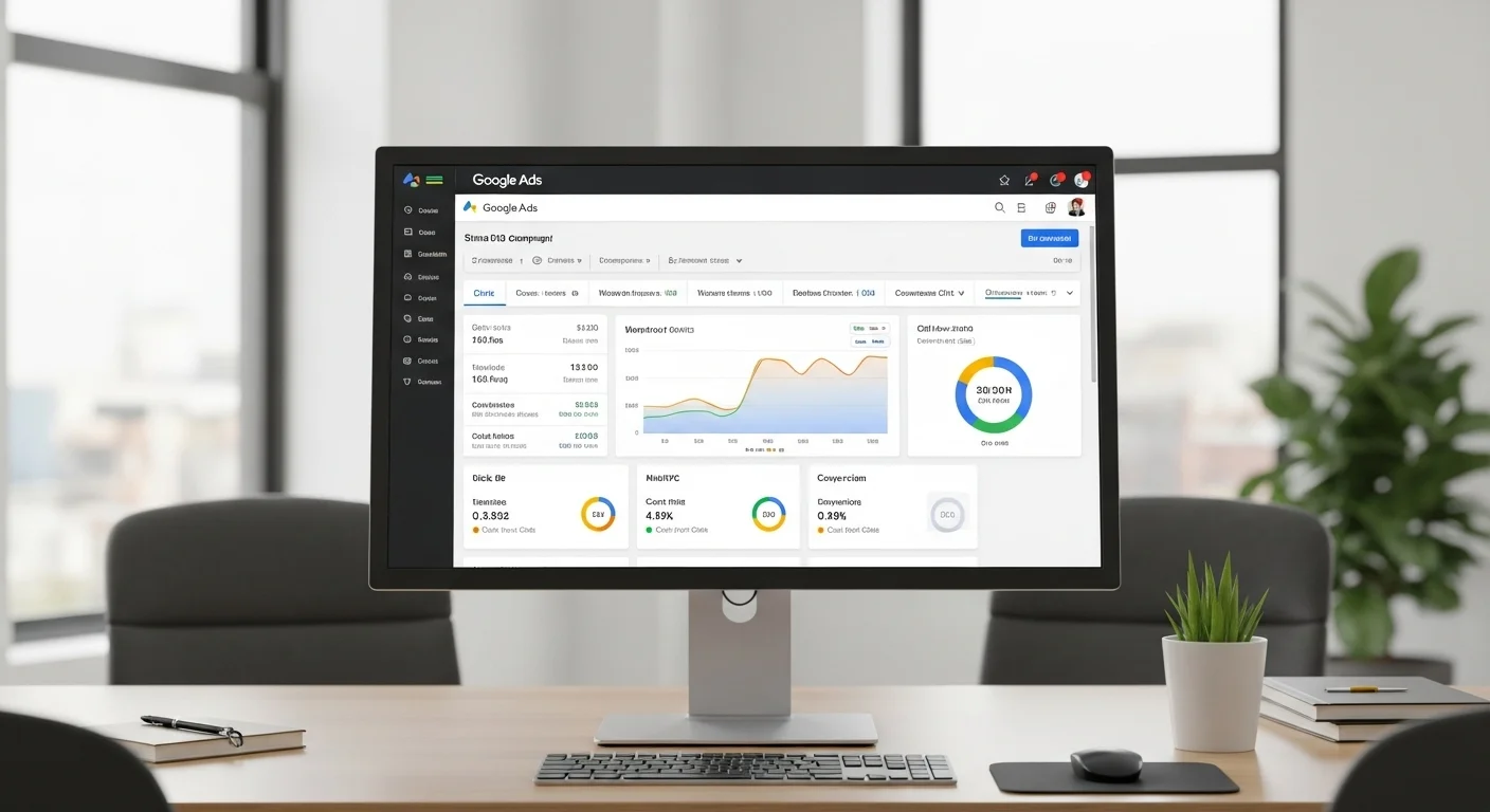Panel de control de Google Ads exhibiendo el rendimiento de varias campañas SEM con métricas clave como clics, impresiones, coste por clic y conversiones.