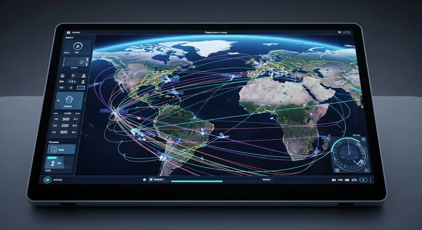 Panel de control digital mostrando un mapa satélite en tiempo real con trayectorias de varios satélites sobre los continentes.