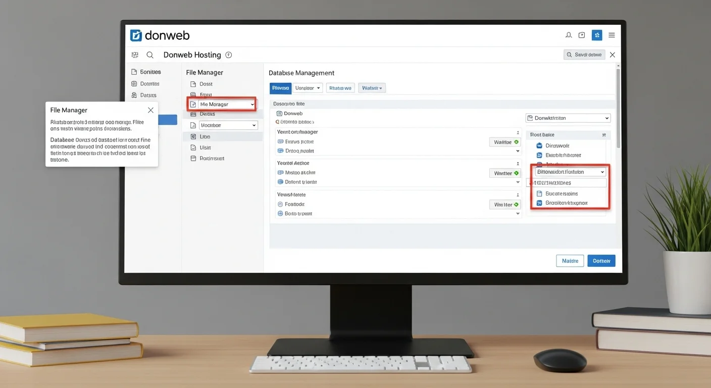 Captura de pantalla del panel de control de Donweb Hosting, destacando la gestión de archivos y bases de datos para un donweb dominio.