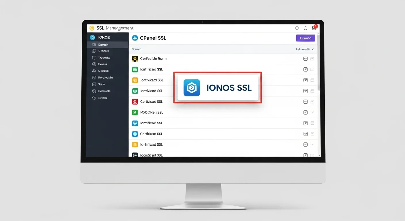 Captura de pantalla de una interfaz de gestión de hosting ssl, mostrando una lista de dominios con sus certificados Ssl activados, destacando un ionos ssl o un ssl cpanel.