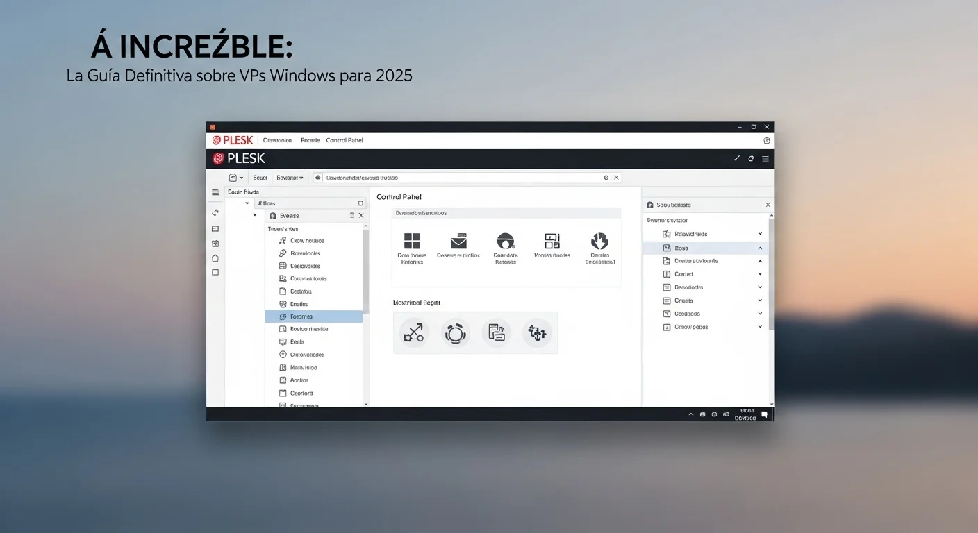 Panel de control Plesk funcionando en un servidor vps windows, utilizado para la gestión de sitios web, bases de datos y correo electrónico de forma sencilla.