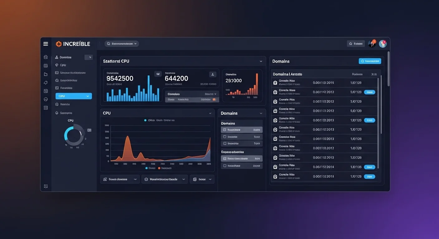 Dashboard de un panel de control de hosting moderno, mostrando estadísticas de uso de CPU y gestión de dominios.
