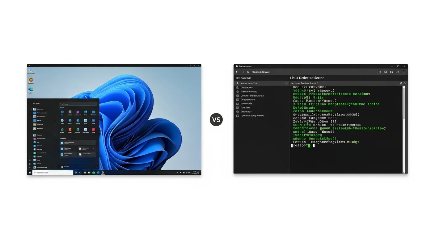 Comparativa gráfica entre la interfaz de un servidor dedicado Windows con escritorio remoto y una terminal de comandos de un servidor dedicado Linux.