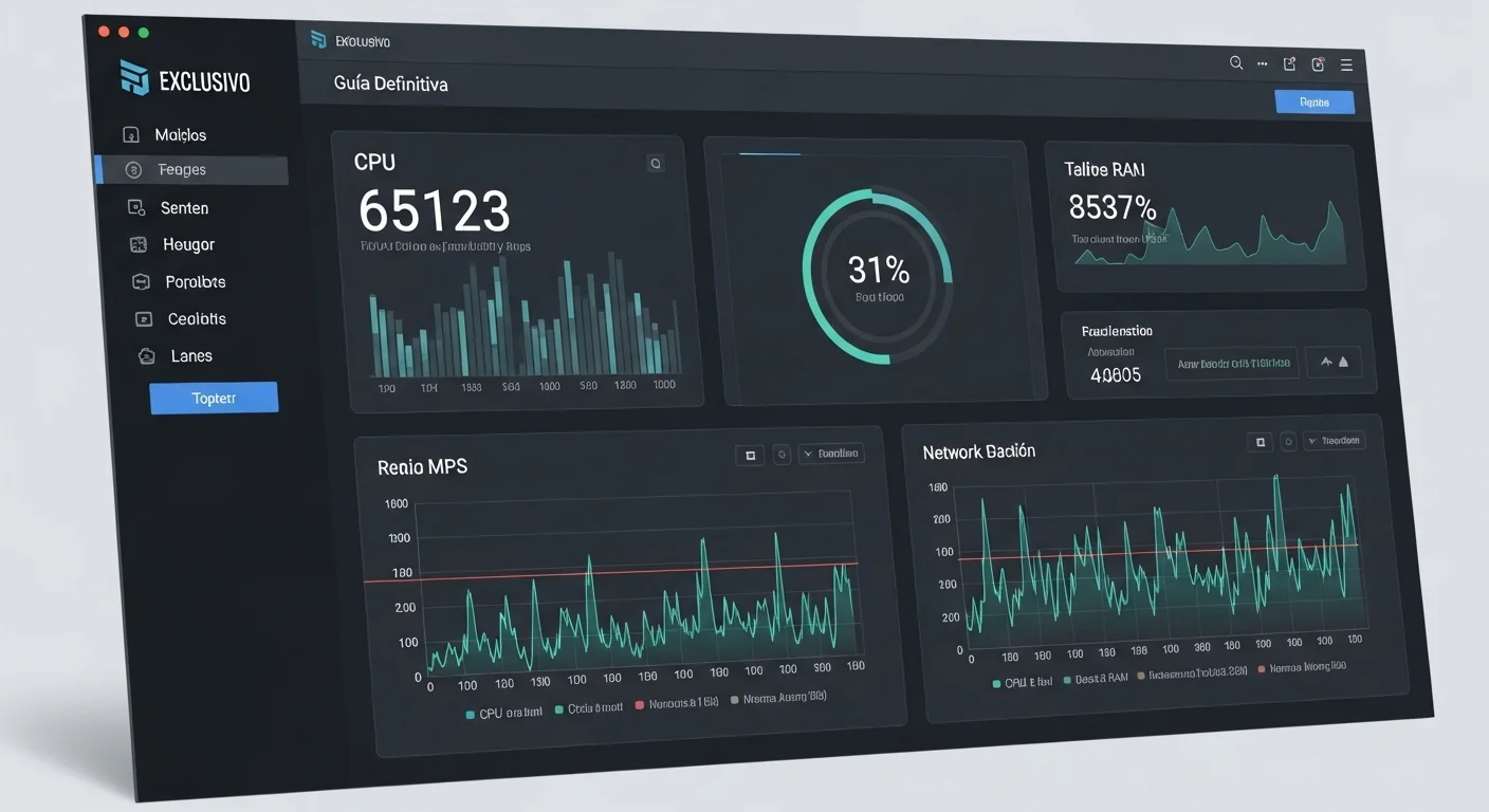Dashboard de un panel de control para la gestión de un top vps server, mostrando gráficos de rendimiento de CPU, RAM y red.