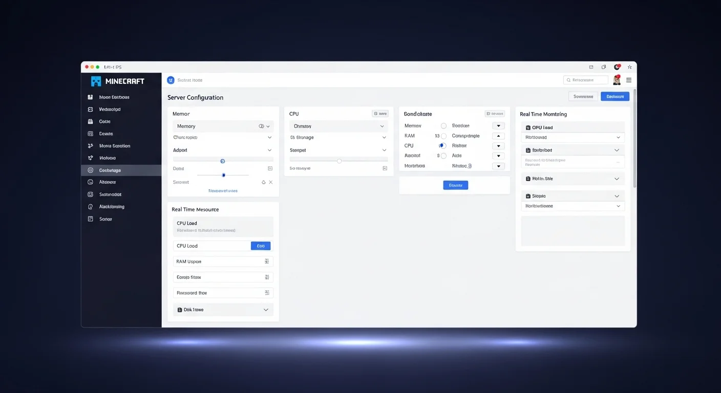 Captura de pantalla de un panel de control para la gestión de un vps hosting minecraft, mostrando opciones de configuración del servidor y uso de recursos.