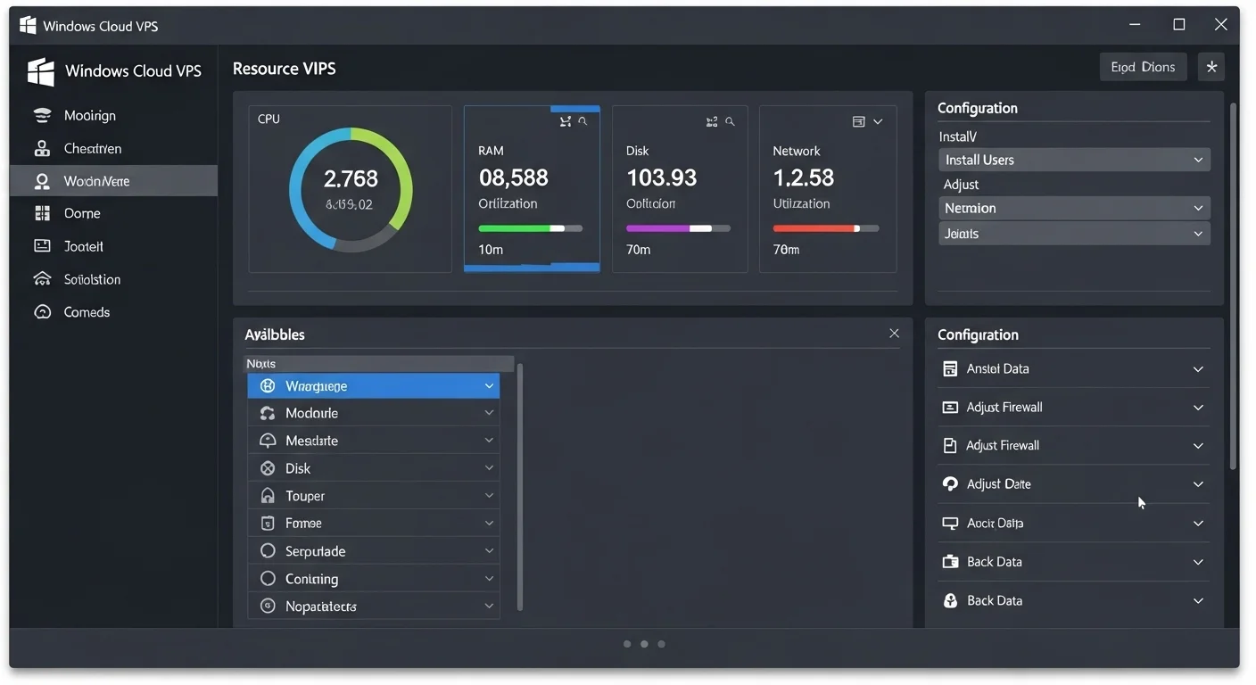 Captura de pantalla de un panel de control para un cloud vps windows, mostrando monitoreo de recursos y opciones de configuración.