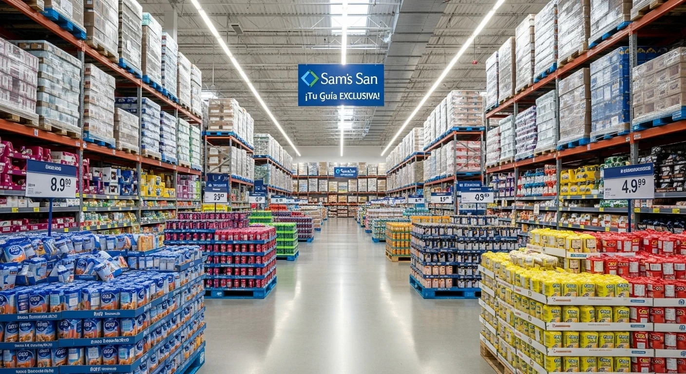 Pasillos amplios de un Sams San llenos de productos en tarimas, característico de la experiencia de compra al por mayor.