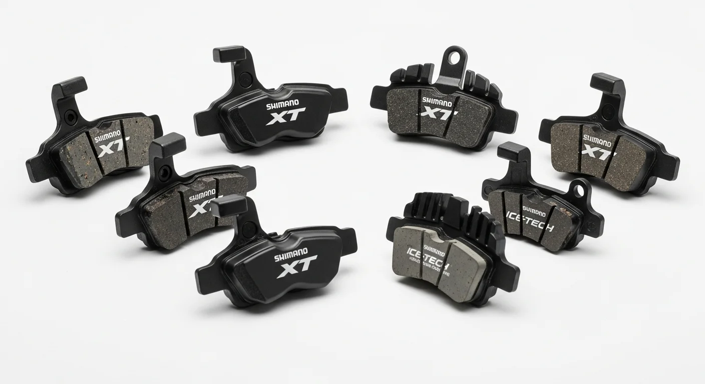 Una selección de pastillas de freno Shimano XT, incluyendo modelos con y sin aletas de refrigeración Ice-Tech, sobre un fondo blanco.