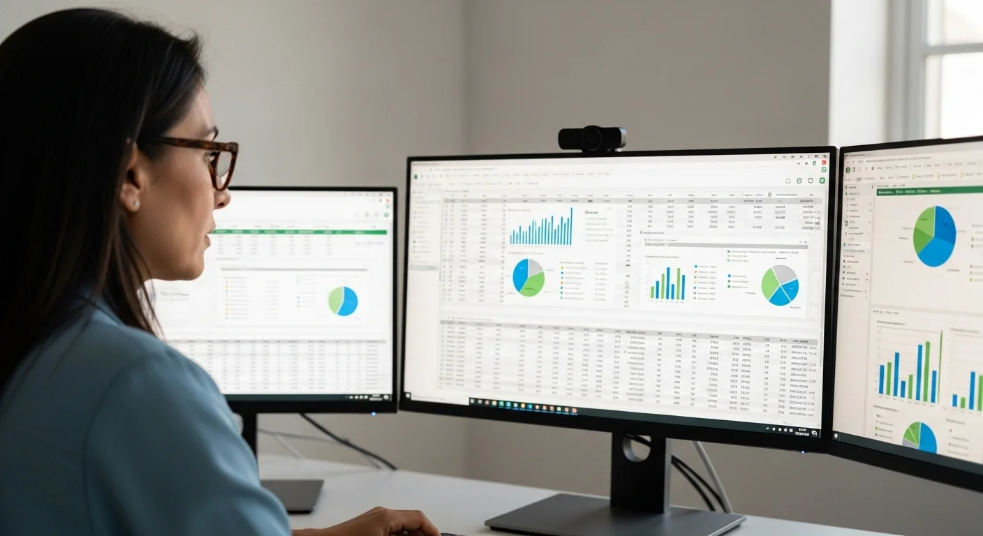 Profesional analizando un complejo Excel Plan en una configuración de computadoras con múltiples monitores de alta resolución, mostrando gráficos y tablas de datos.