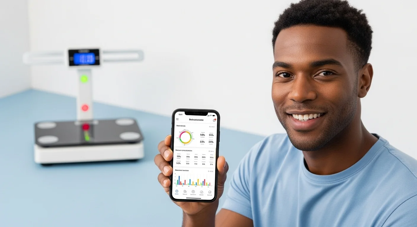 Primer plano de una persona sosteniendo un smartphone que muestra gráficos de composición corporal. Al fondo, desenfocada, se ve una balanza personal digital.
