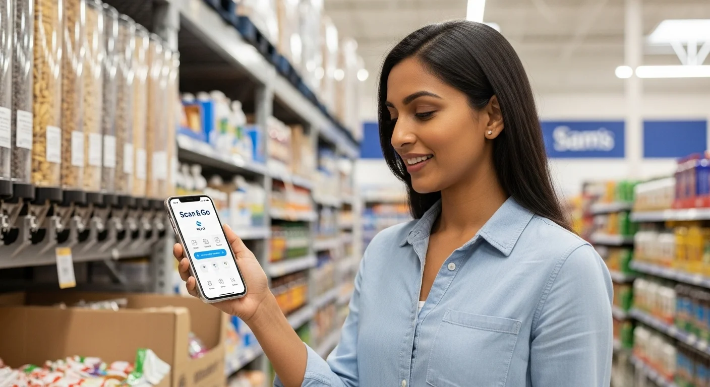 Una persona escaneando un producto con la aplicación Scan & Go de Sam's Club en su teléfono, mostrando la tecnología que optimiza los precios sams.