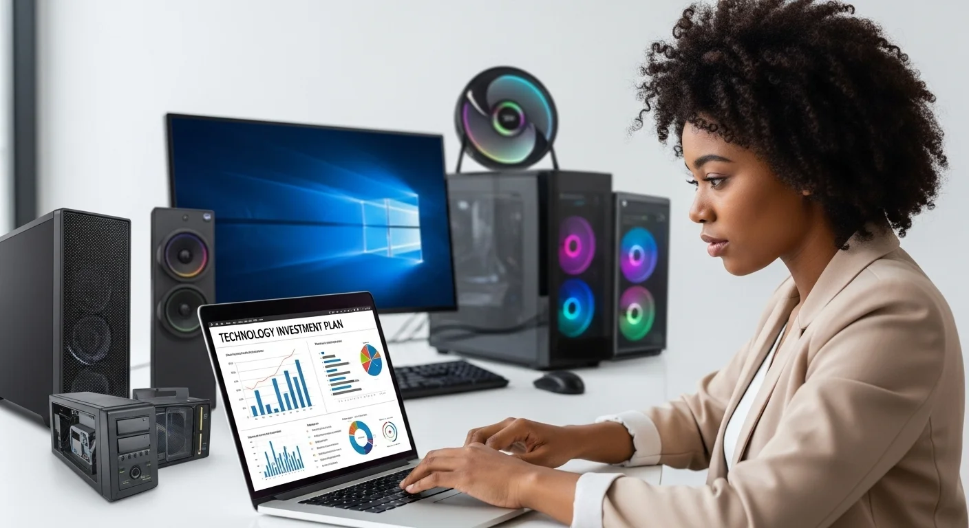 Persona analizando un plan de inversión en tecnología en una laptop, con gráficos y listas de computadoras de fondo.