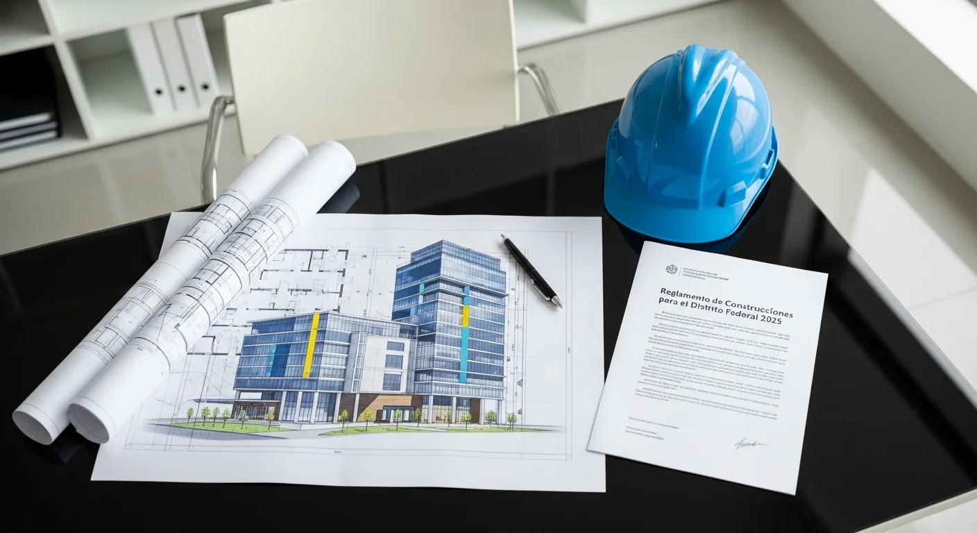 Planos de un edificio moderno sobre una mesa junto a un casco de seguridad y un documento titulado 'Reglamento de Construcciones para el Distrito Federal 2025'.