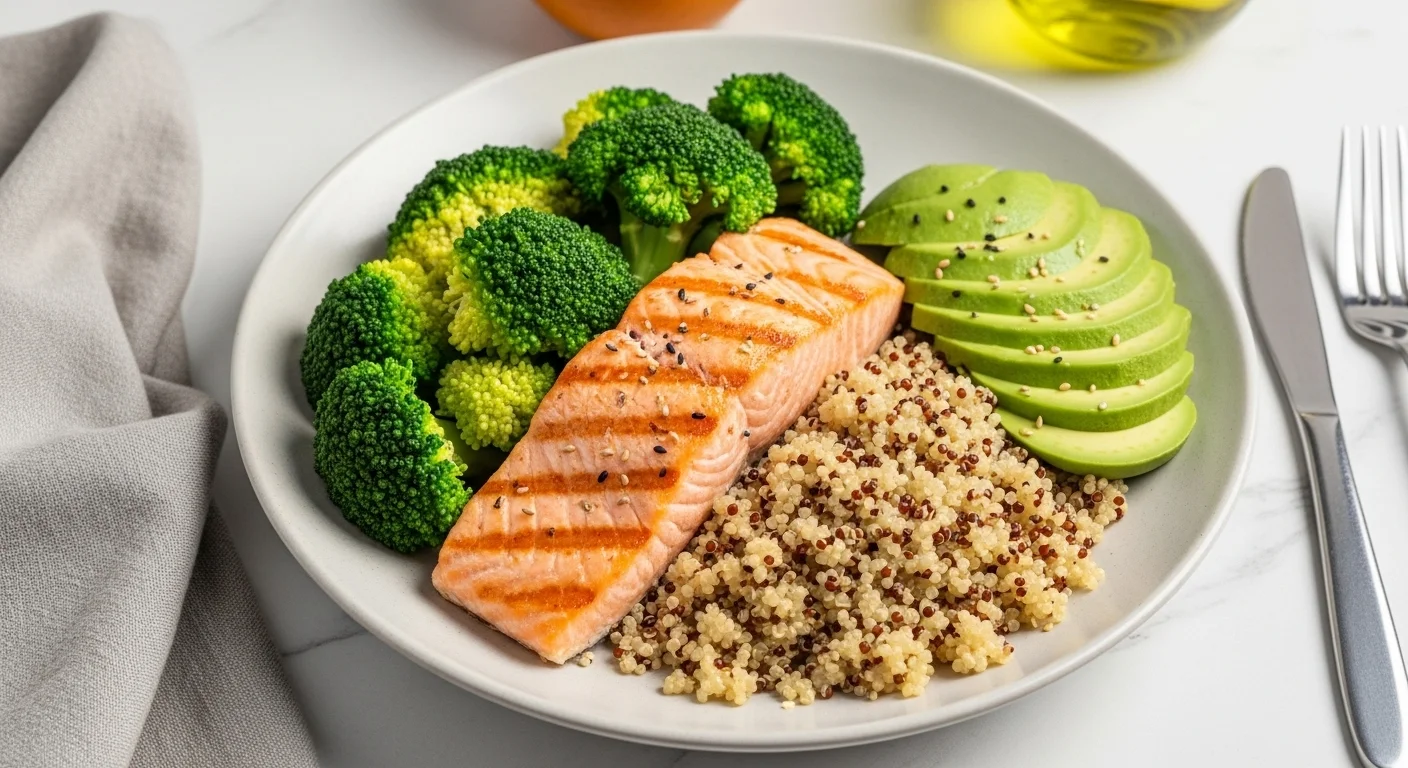 Un plato colorido con salmón, brócoli, quinoa y aguacate, representando una comida balanceada de la dieta 30 dias.