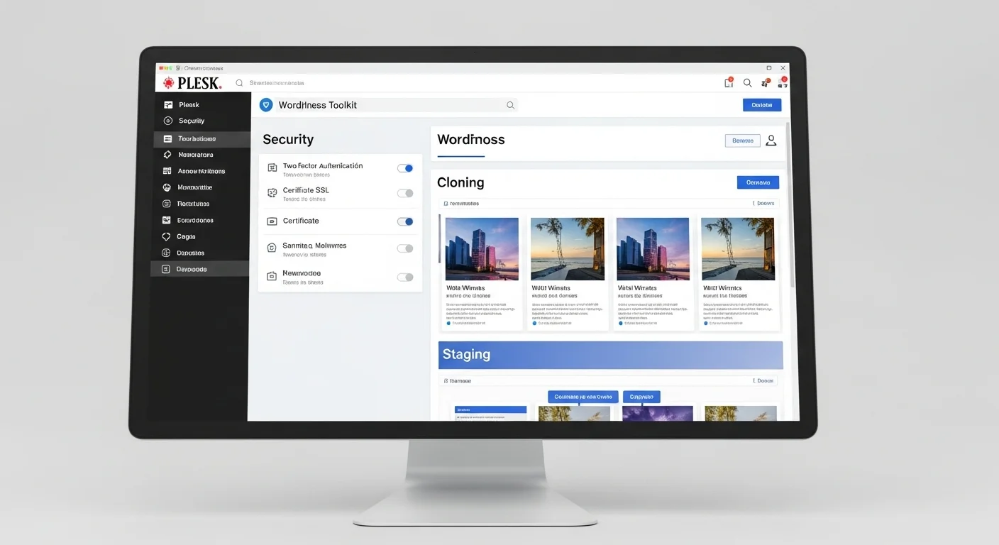 Panel del Plesk WordPress Toolkit con opciones de seguridad, clonación y staging para varios sitios de WordPress.