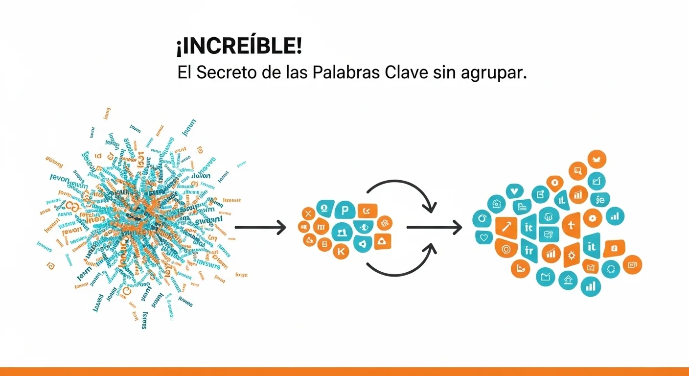 Infografía que ilustra el proceso de agrupación de palabras clave, mostrando cómo términos desorganizados se clasifican en grupos temáticos coherentes para SEO.