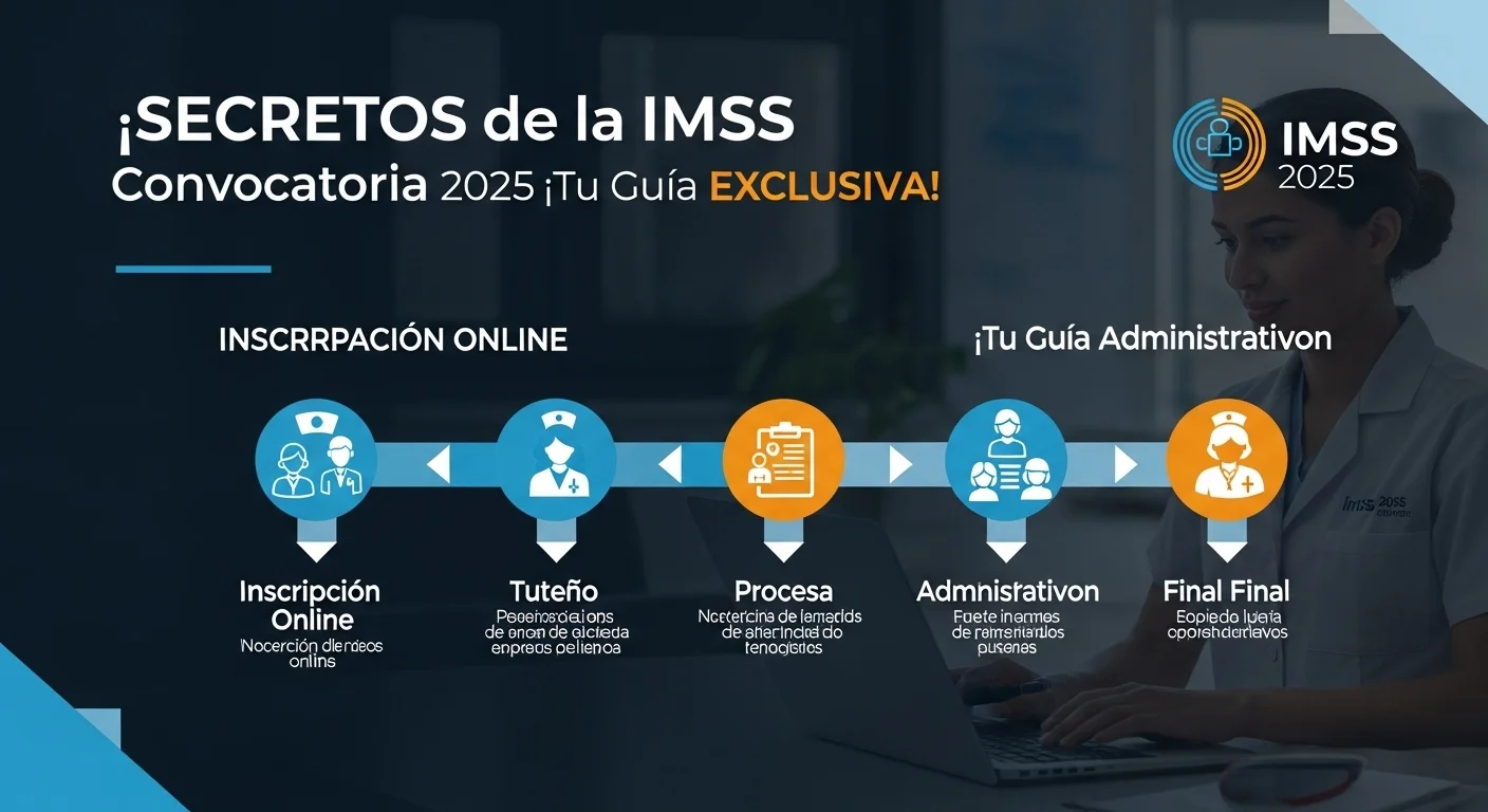 Infografía del proceso de aplicación para la convocatoria imss 2025, mostrando los pasos desde el registro en línea hasta la entrevista final, con iconos para enfermería y administrativo.