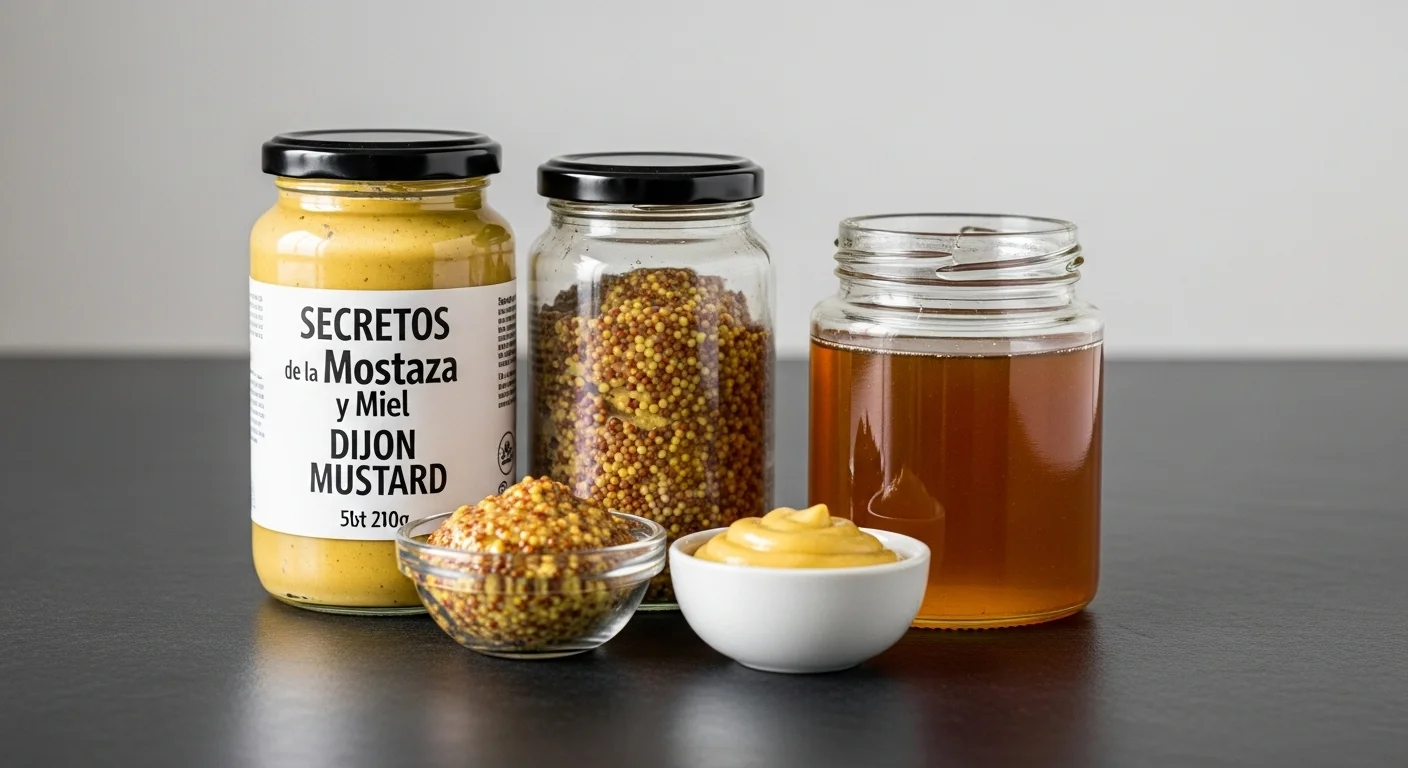 Ingredientes para la salsa de mostaza y miel, incluyendo diferentes tipos de mostaza como Dijon y grano entero, y un tarro de miel líquida.