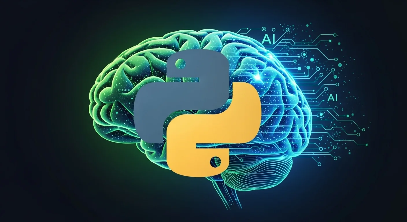 Logo de Python fusionado con una ilustración de un cerebro de inteligencia artificial, simbolizando la unión entre el lenguaje y la IA.