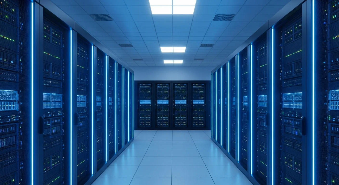Vista de un pasillo de un centro de datos moderno con múltiples racks de servidores con luces LED azules, representando el poder de un server.