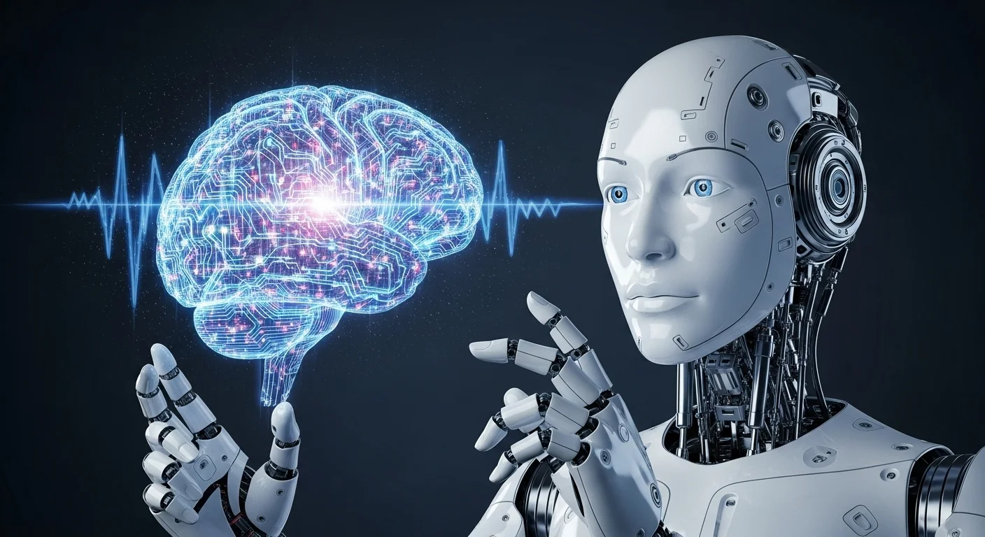 Un robot humanoide avanzado mirando un cerebro digital, representando el concepto de los 4 tipos de inteligencia artificial y la búsqueda de la Inteligencia Artificial General (AGI).
