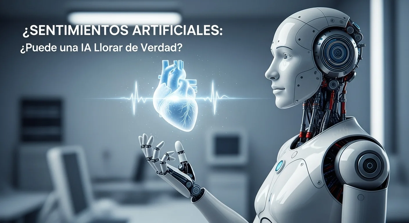 Ilustración de un robot humanoide observando un holograma de un corazón brillante, simbolizando la búsqueda de la inteligencia artificial con sentimientos.