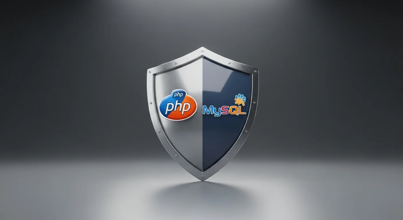 Un escudo protegiendo los logos de PHP y MySQL, representando la seguridad en un hosting php mysql.