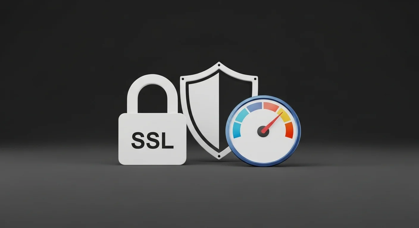 Iconos de seguridad como un candado SSL y un escudo junto a un velocímetro, simbolizando la importancia de la seguridad y el rendimiento en el hospedaje electrónico.