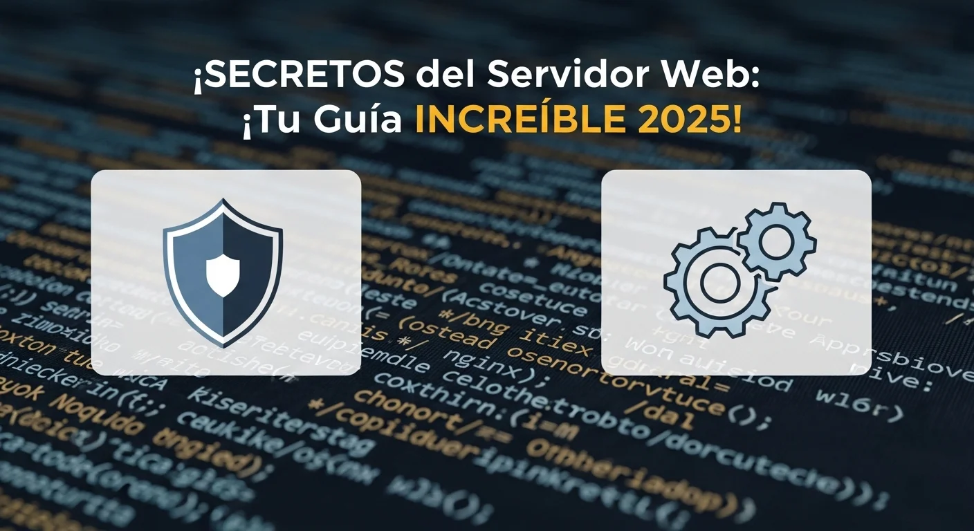 Iconos representando la seguridad y la optimización de un servidor web, como un escudo y un engranaje, sobre un fondo de código informático relacionado con los servidores web gratuitos.