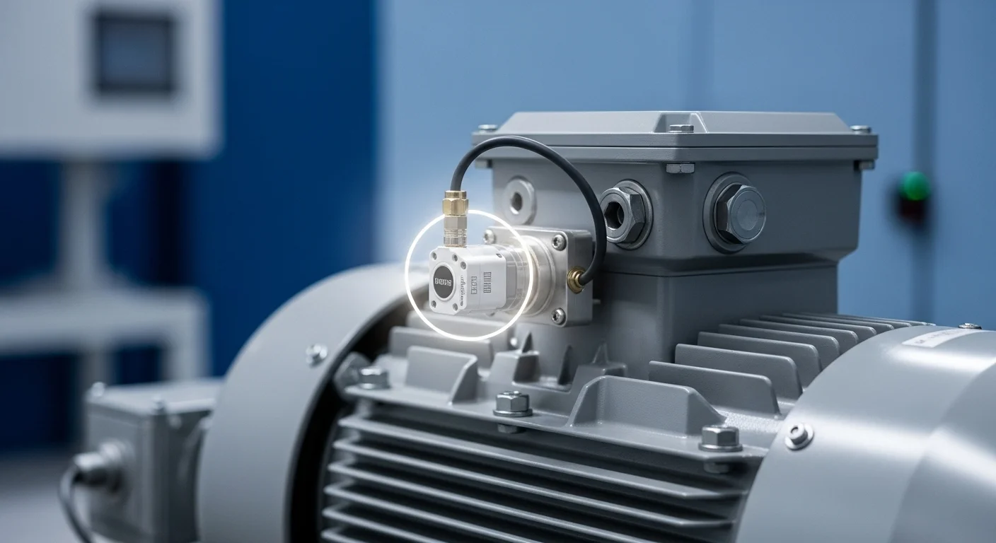 Primer plano de un sensor de vibración para mantenimiento predictivo instalado en un motor eléctrico, una herramienta clave de la ingeniería de mantenimiento 4.0.