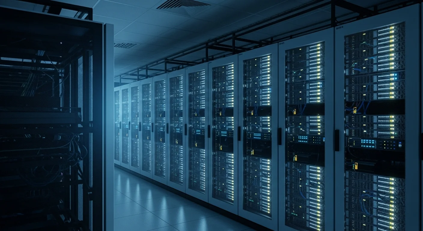 Vista de un centro de datos moderno con hileras de servidores iluminados, ilustrando un servicio hosting de alto rendimiento y tecnología avanzada.